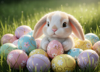 Lapin de P&acirc;ques entour&eacute; d&rsquo;&oelig;ufs d&eacute;cor&eacute;s