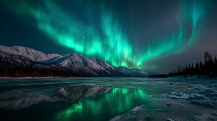 Naklejka premium A stunning nighttime landscape showcases the vibrant aurora borealis dancing above a frozen lake and snow-covered mountains