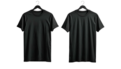 Two plain, black t-shirts hanging on black hangers against a dark background