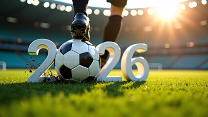 “2026” in bold white numbers—centered on stadium grass with soccer ball and player’s foot, sunlight streaming in, it radiates anticipation, power, and future glory.
