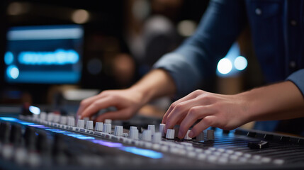 A sound engineer adjusting equalizer bands across the audio spectrum, visual waveforms responding in real time during music production. cinematic color correction, natural uneven lighting yet
