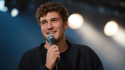 A stand-up performer engaging directly with front-row guests, spontaneous crowd work turning into an unforgettable comedic exchange. cinematic color correction, natural uneven lighting yet gentle