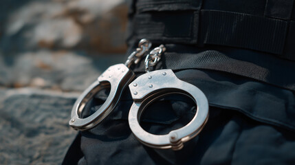 Extreme close-up of metal handcuffs resting on a police duty belt, textured steel surfaces and scratches highlighting law enforcement tools and authority. cinematic color correction, natural uneven