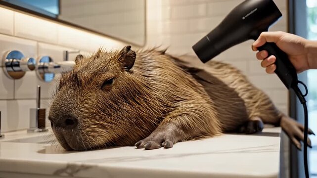 Capybara enjoying a relaxing blow-dry after a bath in a modern bathroom.