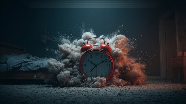 A dramatic depiction of an alarm clock exploding in a cloud of dust, near a bed and an open door