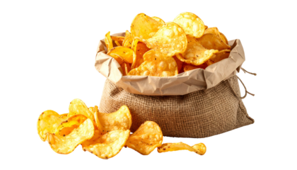 Crispy golden potato chips spill from a rustic burlap sack, isolated on black