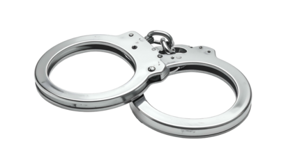 A pair of shiny, metal restraints, interlocked, isolated on a dark background