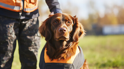 A well-prepared canine companion dons an outdoor vest, showcasing preparedness for any adventure. A loyal friend, ready to explore the great outdoors with a watchful guardian.