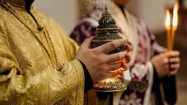 A man in religious vestment holding a censer with incense and another holding candles during Epiphany church service