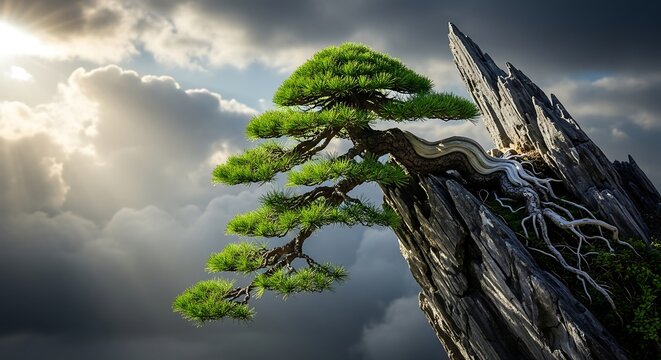 Dramatic bonsai tree on cliff edge.