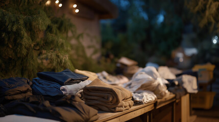A neighborhood collection point set up in a garage, with tables covered in gently used winter clothes, blankets, and emergency items ready to be delivered to families in need. cinematic color
