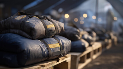 An emergency response team organizing insulated sleeping bags in a disaster-relief shelter, showcasing essential cold-weather survival gear used to protect vulnerable people during extreme winter