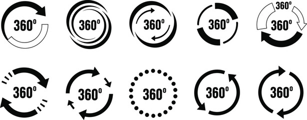 Obraz premium 360 degree rotation icons, circular arrow symbols, panoramic view indicators, full turn graphics, motion interface set - flat vector illustration