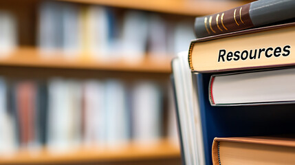 Explore curated knowledge with a stack of books in a library. The book titled "Resources" highlights accessible information and supports a journey of learning and discovery.