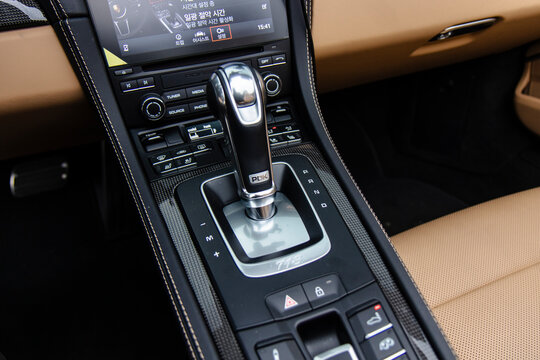 December 23, 2020, Seoul, South Korea - The center console and PDK automatic gear selector of a Porsche 718 Boxster GTS.