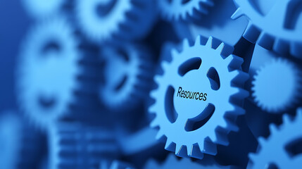 Abstract close-up of interlocking gears in shades of blue. One gear labeled 'Resources'. Gears represent efficiency, organization, and process management.