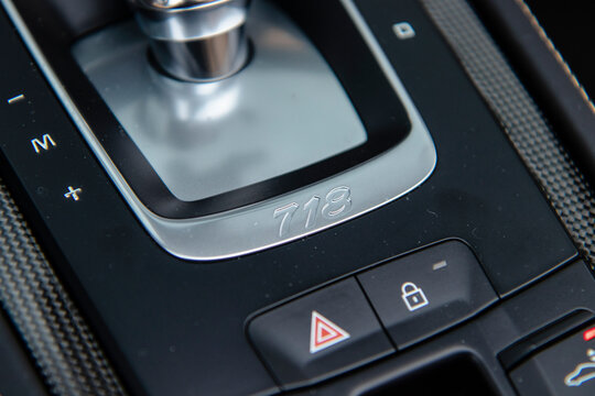 December 23, 2020, Seoul, South Korea - A close-up view of the gear selector console of a Porsche 718 Boxster GTS, showing the '718' model designation.
