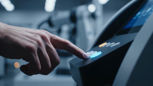 Close up of a finger pressing a glowing blue button on a futuristic machine.
