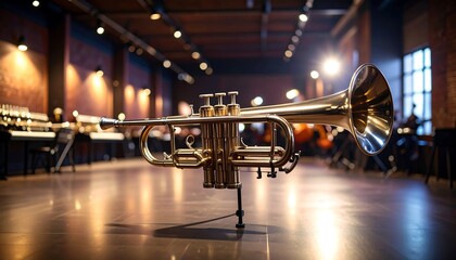 A close-up of a polished brass instrument, elevated, with an orchestra faintly visible in a large venue