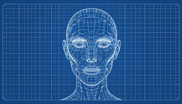 Wireframe of a human head on a blue grid background - Powered by Adobe