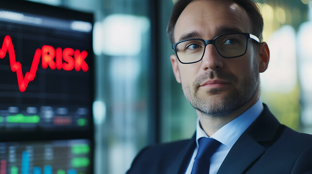 Contemplative businessman in a suit with financial risk indicator displays market volatility and strategic decision-making in finance.  Assessing risk, charting success. - Powered by Adobe