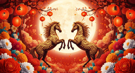 Obraz premium Happy Chinese New Year 2026 Year of the fire horse with Floral Lantern Asian Elements in Gold