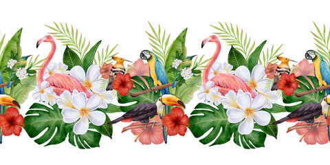 Watercolor seamless tropical border with flamingos, hummingbird, hibiscus, plumeria and lush green leaves on white background, illustration for summer banners, invitations, cards and botanical decor. © Alona