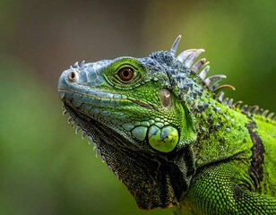 Obraz premium Vivid portrait of a green iguana, showcasing detailed scales and eye