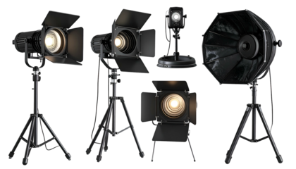Studio lighting equipment, various types, on stands, creating artificial illumination for photo/video