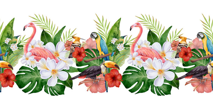Watercolor seamless tropical border with flamingos, hummingbird, hibiscus, plumeria and lush green leaves on white background, illustration for summer banners, invitations, cards and botanical decor.
