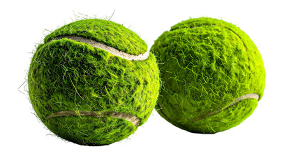 Obraz premium Two worn, green tennis balls in close-up, against a black background. Fuzzy and detailed
