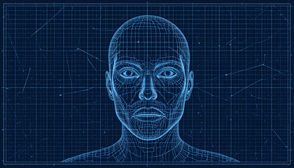 Futuristic human face blueprint with grid lines and digital aesthetic