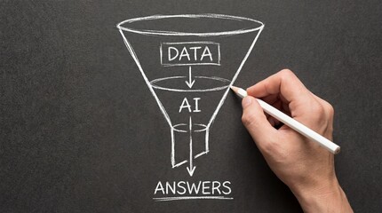 Artificial intelligence data processing funnel showing information transformation from raw data input through machine learning algorithms to generate actionable answers