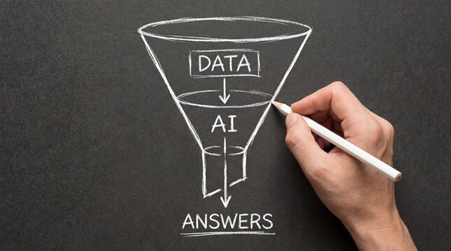 Artificial intelligence data processing funnel showing information transformation from raw data input through machine learning algorithms to generate actionable answers - Powered by Adobe