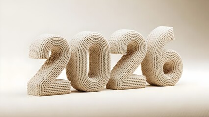 Cozy knitted 2026 numbers in 3D rendering on a clean, light background, representing the upcoming year, future, planning, and new beginnings.