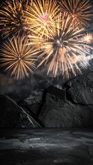 Spectacular Fireworks Display Illuminating the Night Sky Above a Dark, Reflective Landscape.
