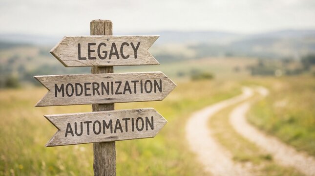 Technology evolution pathway displaying strategic transition from legacy systems through modernization initiatives toward automation implementation for digital transformation achievement