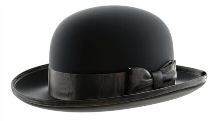 Fototapeta premium A classic black rounded hat with a dark band and bow, isolated on a white backdrop, perfect for design usage
