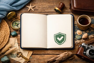 Captivating open journal illustrating assurance with a checkmark emblem surrounded by exploration tools such as compass coffee natural stones and rustic vibes