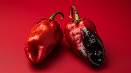 A vibrant pair of red bell peppers showcased against a bold red backdrop, highlighting their texture, color, and form. One pepper presents with a touch of char, adding depth.