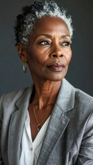 Thoughtful African American woman in business attire looking away with a serious expression.