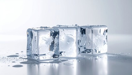 Three clear ice cubes melting on a reflective surface with water droplets, creating a cool and refreshing visual.