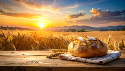 A freshly baked loaf of bread sits on a rustic wooden table with a linen cloth and wheat stalks in a wheat field at sunset