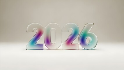 Modern 3D render of the year 2026 with numbers made of clear glass featuring vibrant colorful gradients, standing on a clean white surface, symbolizing future and new beginnings.
