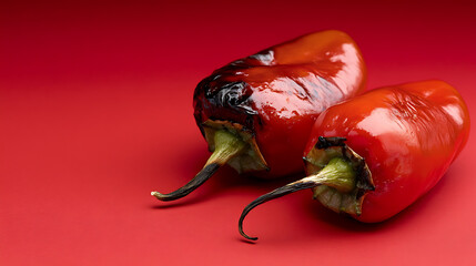 Two roasted red peppers with green stems lay on a plain red background, one slightly charred. They evoke culinary arts and organic food vibes. Close-up shot conveys freshness.