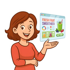 cartoon woman presenting information or product with an open hand gesture