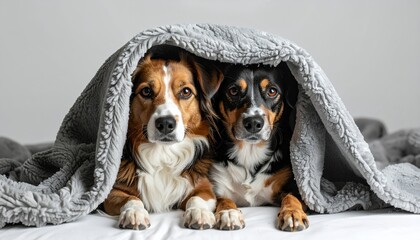 Two adorable dogs peeking out from under a cozy gray blanket, looking directly at the camera with curious expressions.