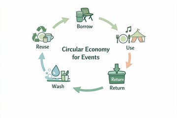Circular economy for events showcasing the sustainable practices of borrowing, using, washing, reusing, and returning items to promote ecological mindfulness and resource efficiency