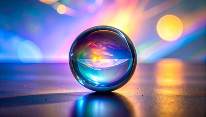 Vibrant Crystal Ball Reflecting Colorful Bokeh Lights on a Dark Surface.