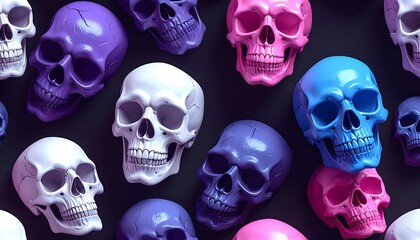 Vibrant collection of colorful decorative skulls arranged on a dark background.